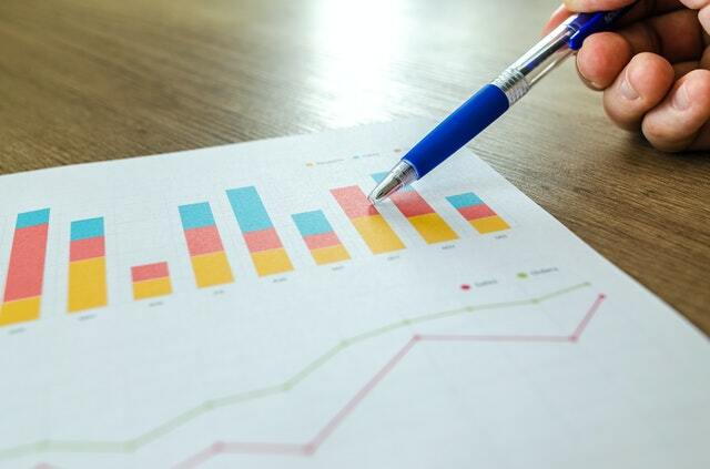 a hand holding a pen showing charts