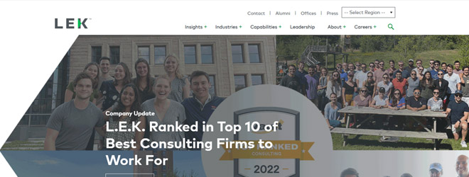 Homepage screenshot of the marketing consulting firm L.E.K. Consulting