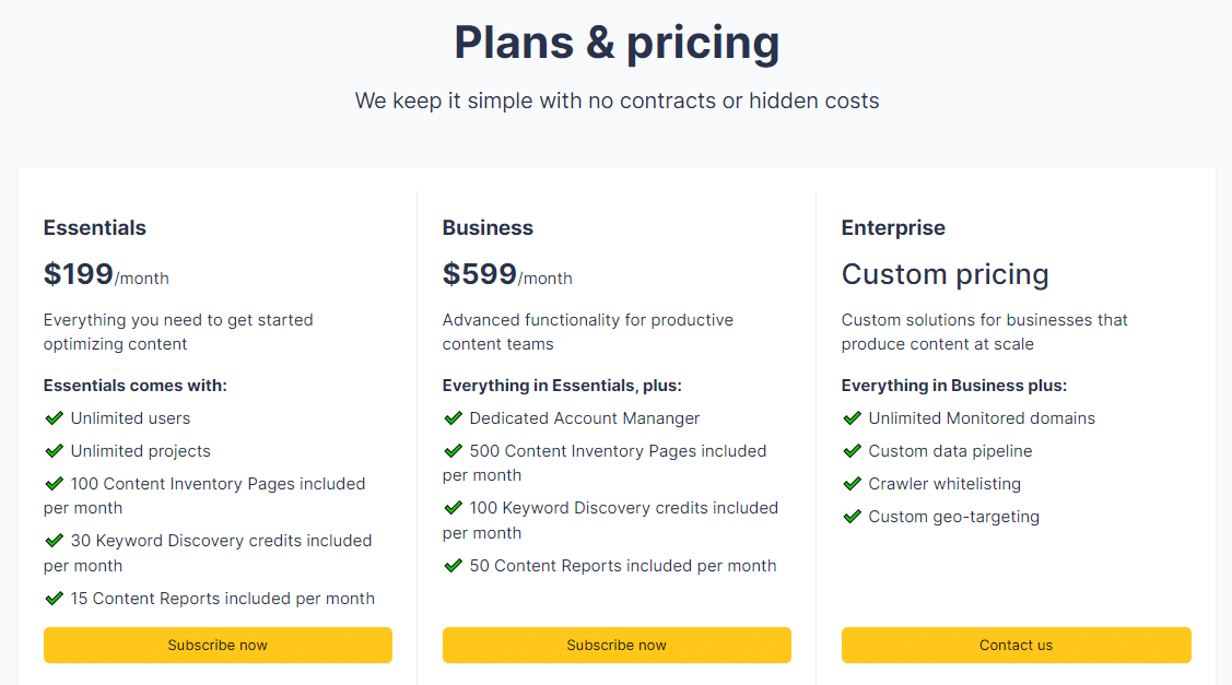 Clearscope's SaaS subscription model through its plans & pricing table.